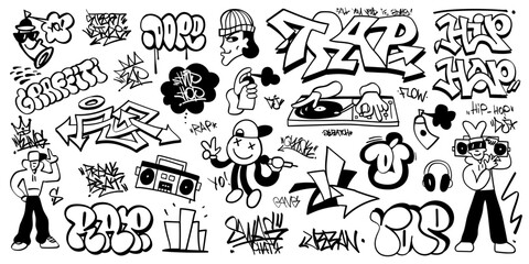 
rap music, graffiti, street style vector doodle set , design elements