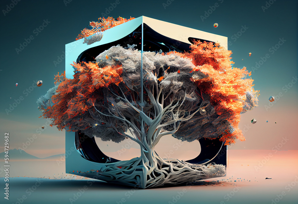 Poster Beautiful abstract surreal tree. Generative AI technology.	
