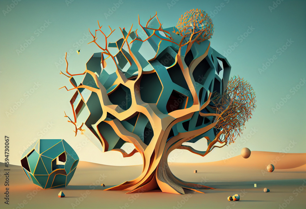 Poster Beautiful abstract surreal tree. Generative AI technology.	
