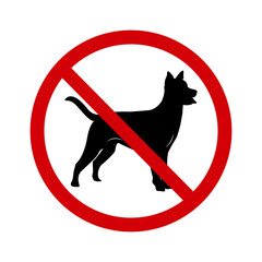 Forbidding sign, no walking with a dog. No dog sign. Red crossed circle with a silhouette of a dog inside. With a dog is not allowed. No dogs allowed. Round red stop sign with dog.