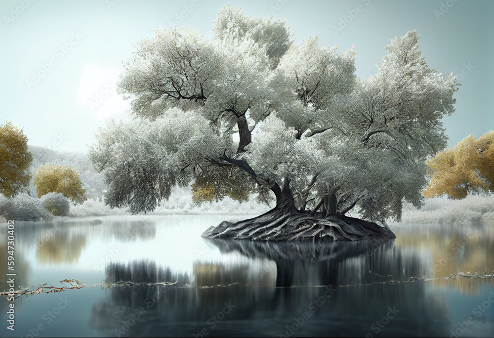 Poster Beautiful photo forest tree and river. Generative AI technology.	
