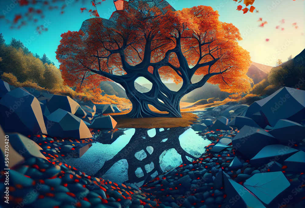 Poster beautiful photo forest tree and river. generative ai technology.