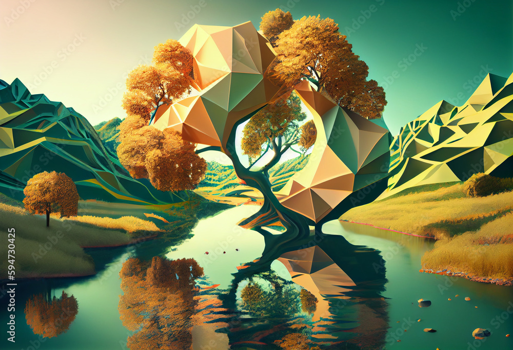 Poster beautiful photo forest tree and river. generative ai technology.