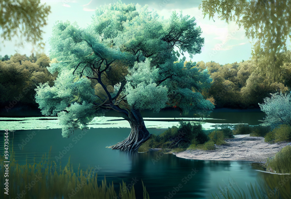 Poster beautiful photo forest tree and river. generative ai technology.