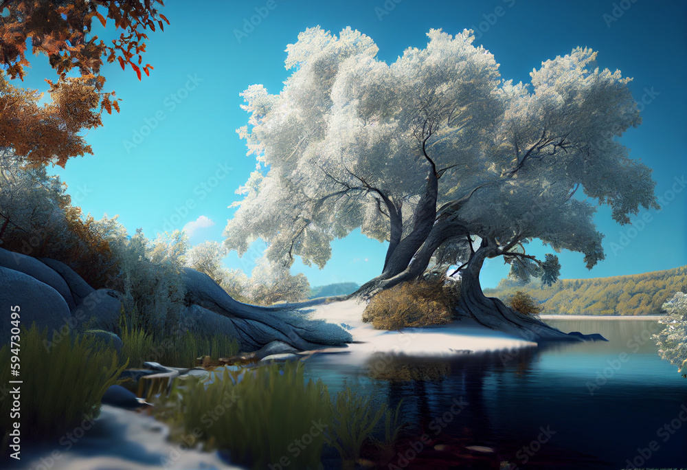 Poster beautiful photo forest tree and river. generative ai technology.