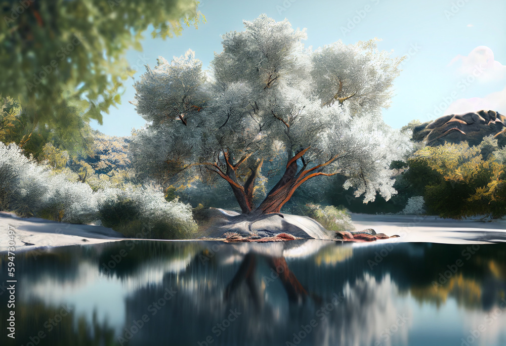 Poster beautiful photo forest tree and river. generative ai technology.