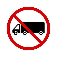 No truck sign. Prohibition sign, trucks are prohibited from entering. A red crossed out circle with a silhouette of a truck inside. Truck is not allowed. Truck ban. Round red stop truck sign.