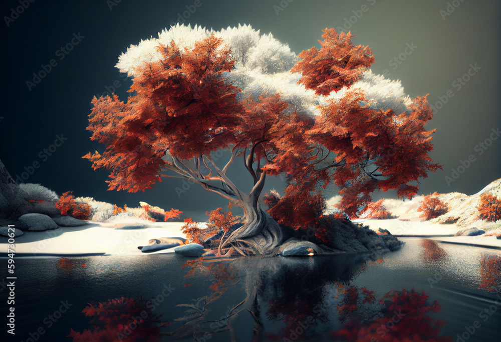 Poster beautiful photo forest tree and river. generative ai technology.