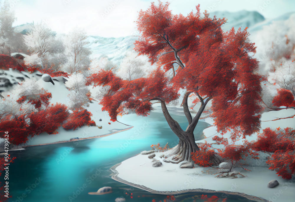 Poster beautiful photo forest tree and river. generative ai technology.