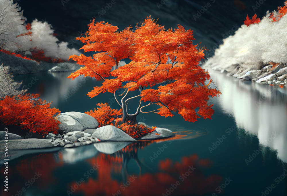 Poster beautiful photo forest tree and river. generative ai technology.