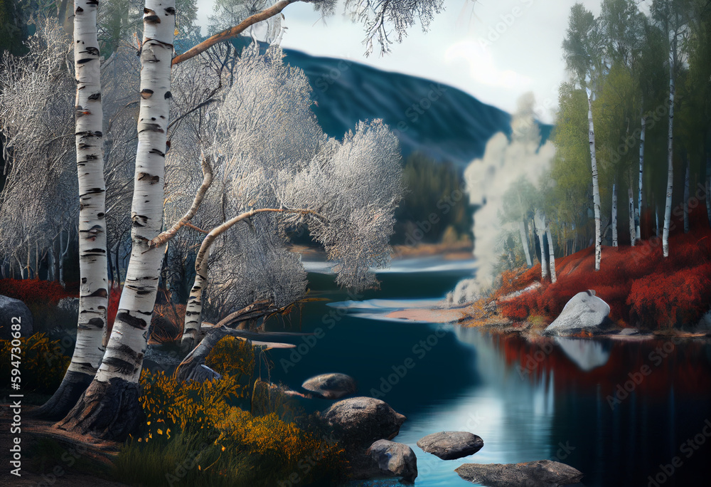 Poster beautiful photo forest tree and river. generative ai technology.