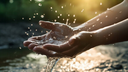 Water dripping on a hand against a background of dawn light