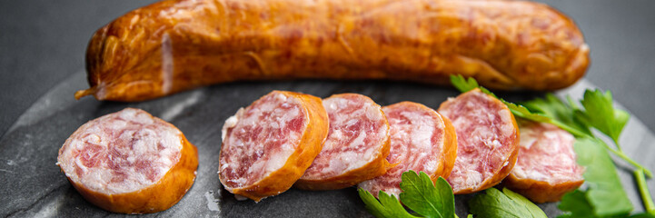 meat sausage pork, beef fresh, collagen casing sausage food snack on the table copy space food background rustic top view