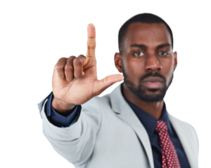 Hand, loser and portrait of a black man to gesture for sign language, communication or offense. Letter, showing and review with a male employee giving feedback isolated on transparent png background