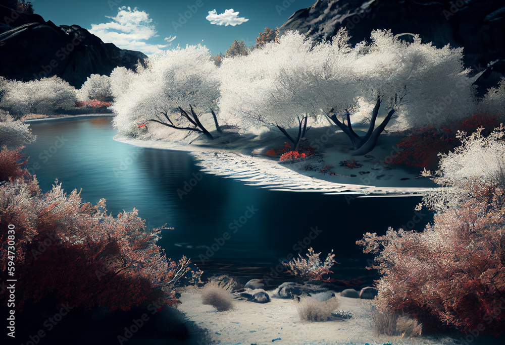 Poster beautiful photo forest tree and river. generative ai technology.