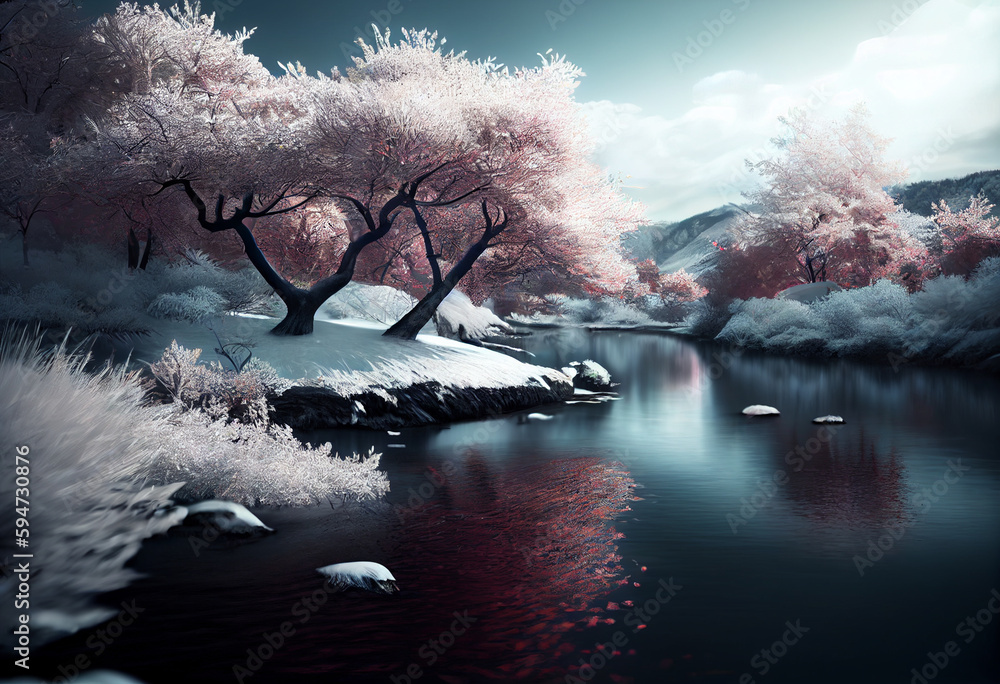 Aufkleber beautiful photo forest tree and river. generative ai technology.