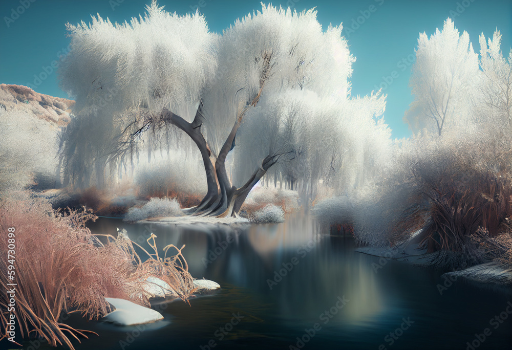 Poster beautiful photo forest tree and river. generative ai technology.