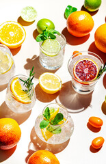Gin tonic citrus and herb cocktails set, top view. Assortment of summer drinks for cocktail party. Light beige background, bright fruits, hard light, shadow pattern