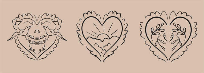 Set of vector stickers, tattoo. The tattoo is drawn with a thin line. Linear pattern, openwork heart with doves, nature and plants. Vector illustration.