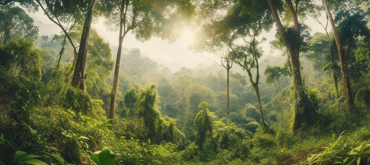 Earth Day concept with tropical forest backdrop, sight of a natural forestation being preserved with a canopy tree in the nature, and idea of sustainability and environmental renewable