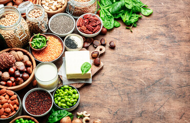 Vegan protein food background. Full set of plant based vegetarian food sources. Healthy eating,...