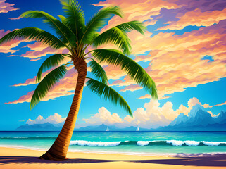 Obraz premium Coconut palm trees on the sandy beach. Tropical beach with palm tree and sunset sky. Generative AI technology.