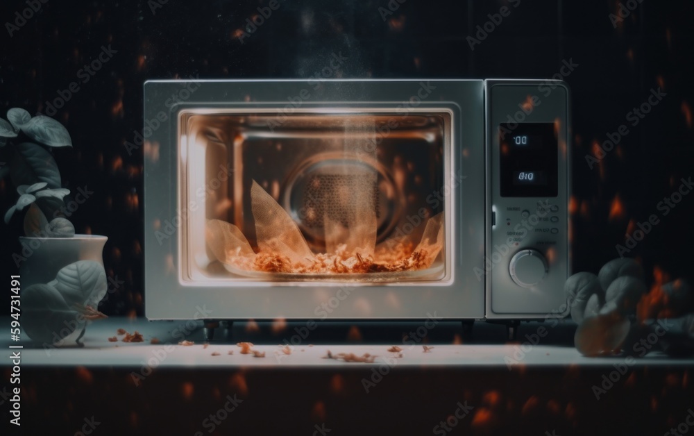 Poster a microwave oven with a flame inside of it. ai generative image.