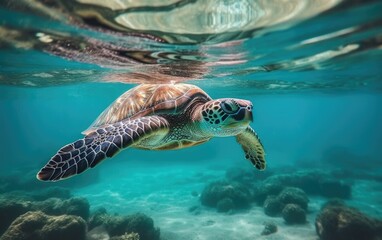 Turtle swimming in the clear water of the ocean. turquoise ocean with a turtle. diving with aquatic animals in the wild, Generative AI