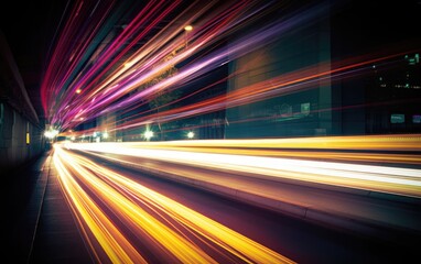 Fototapeta na wymiar Abstract long exposure dynamic speed light trails in an urban environment, Generative AI