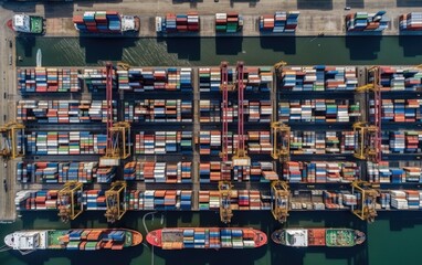 Aerial view of Containers yard in port congestion with ship vessels are loading and discharging operations of the transportation in international port, Generative AI