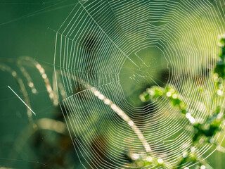 Sonnenbeschienenes Spinnennetz vor herrlich grünen Hintergrund mitten in der Natur