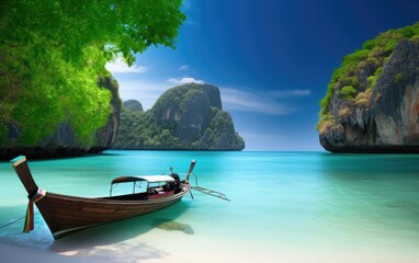 Amazing nature and exotic travel destination in Thailand. Thai tourist boat on white sand beach of small tropical island, Generative AI