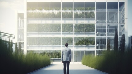 Fototapeta na wymiar Man looking clean white office building with plants. Generative AI
