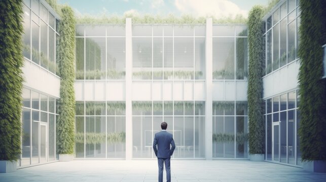 Man looking clean white office building with plants. Generative AI
