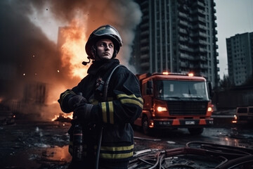 Fototapeta premium Firefighter standing in front of frightening explosion. Generative AI
