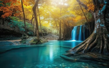 Fototapeta na wymiar Erawan waterfall in autumn, thailand. beautiful waterfall with emerald pool in nature, Generative AI