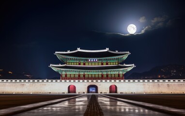 Gyeongbokgung palace and full moon at night in seoul, south korea, Generative AI