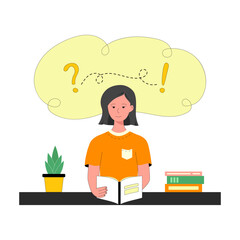 Self improvement, brainstorming, education, studying, reading a book flat vector illustration. Classes, lessons, training courses concept. Young woman reading. Cute illustration of a book lover