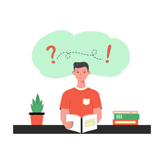 Education, learning, studying, reading a book, brainstorming flat vector illustration. Classes, lessons, training courses, tutorials concept. Young man reading. Cute illustration of a book lover