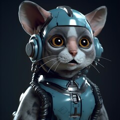 A cat with a robot helmet and a head gear is wearing a robot outfit. ai generate.