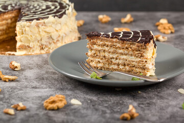 Esterhazy cake. Cake decoration. Chocolate glaze. Frosting decoration