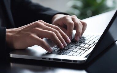 Man's hands using laptop on desk, Generative AI