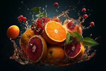Fototapeta na wymiar Orange in water splash, a group of oranges splashing into a bowl of water. AI generative digital art, cool marketing photo, water particules, close up food photography, poster shot.