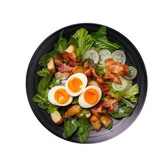 Salade Lyonnaise On Blue Smooth Round Plate, French Dish. Generative AI