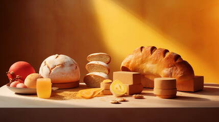 AI vintage illustration of bakery with bread and butter on top of a wooden table. Presentation of buns and slices of bread in the morning light. 