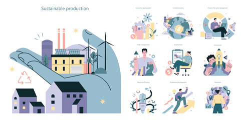 Sustainable society and business set. ESG, sustainable production - obrazy, fototapety, plakaty