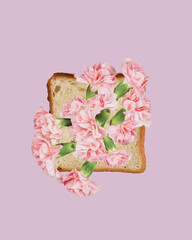breakfast lunch summer collage, illustration - toast bread with summer pink flowers