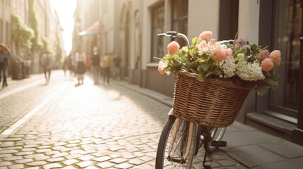 Fototapeta na wymiar Bicycle Basket of Fresh Flowers on a Quaint Cobblestone Street: A Charming Scene of Soft Pastels and Earthy Tones in Bright Sunlight - Generative AI