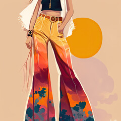 Coachella inspired bell bottom pants, Boho Style, expressive gouache illustration, vector, ai generative