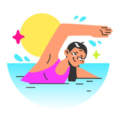 Healthy and active lifestyle. Female character swimming in the sea, ocean